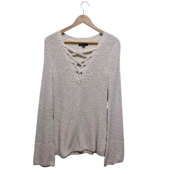 American Eagle Outfitters Neutral Nubby Knit Lace Front Long Sleeve Top Size XS - Picture 1 of 5